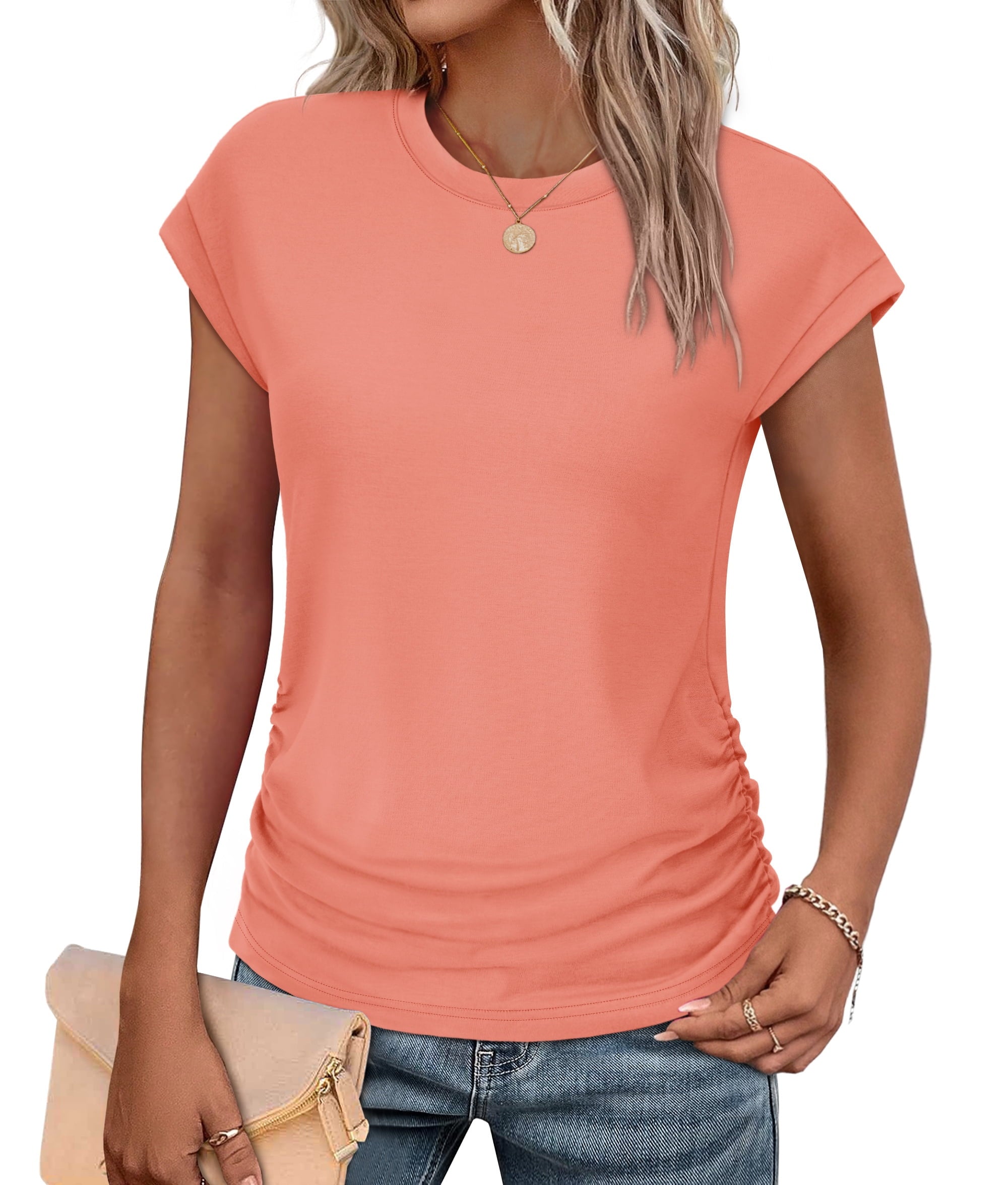Ronuti Womens Short Sleeve Tshirts Crew Neck Womens T-shirts with Side Shirring Cruise Clothes for Women Summer T-shirts