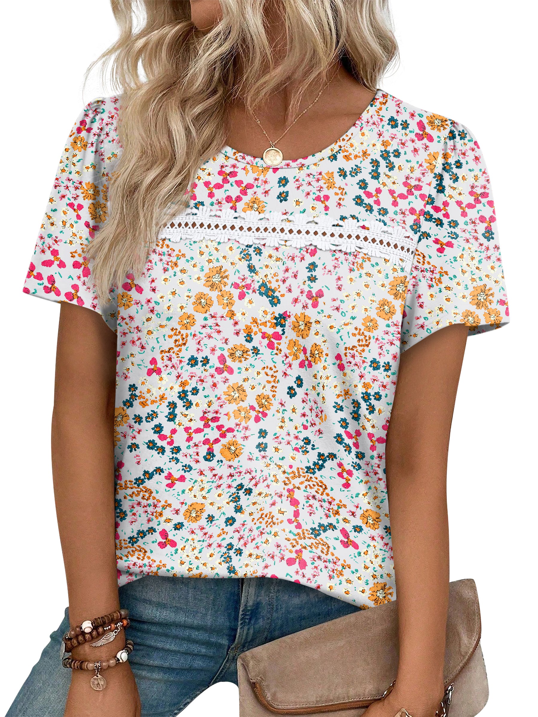 Ronuti Summer Tops for Women Lady Spring Outfits Lace Tunic Floral Casual Short Sleeves T Shirts Flowy Blouses