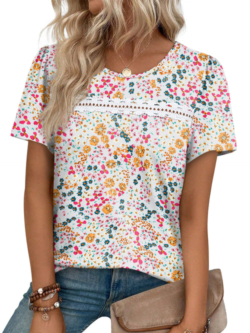 Ronuti Summer Tops for Women Lady Spring Outfits Lace Tunic Floral Casual Short Sleeves T Shirts Flowy Blouses