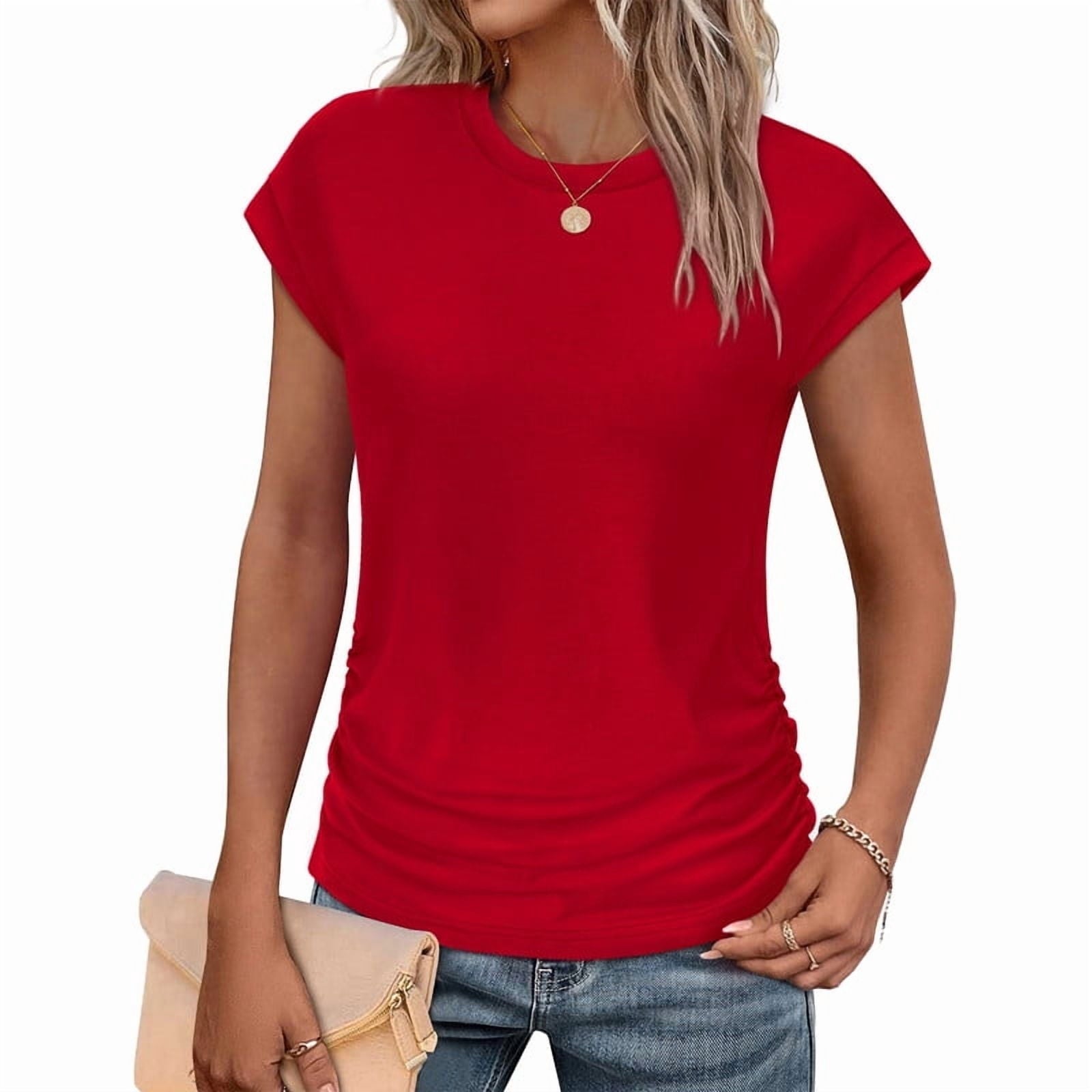 Ronuti Womens Short Sleeve Tshirts Crew Neck Womens T-shirts with Side Shirring Cruise Clothes for Women Summer T-shirts