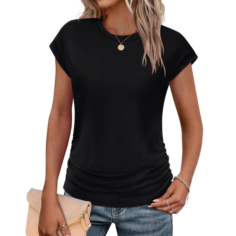Ronuti Womens Short Sleeve Tshirts Crew Neck Womens T-shirts with Side Shirring Cruise Clothes for Women Summer T-shirts