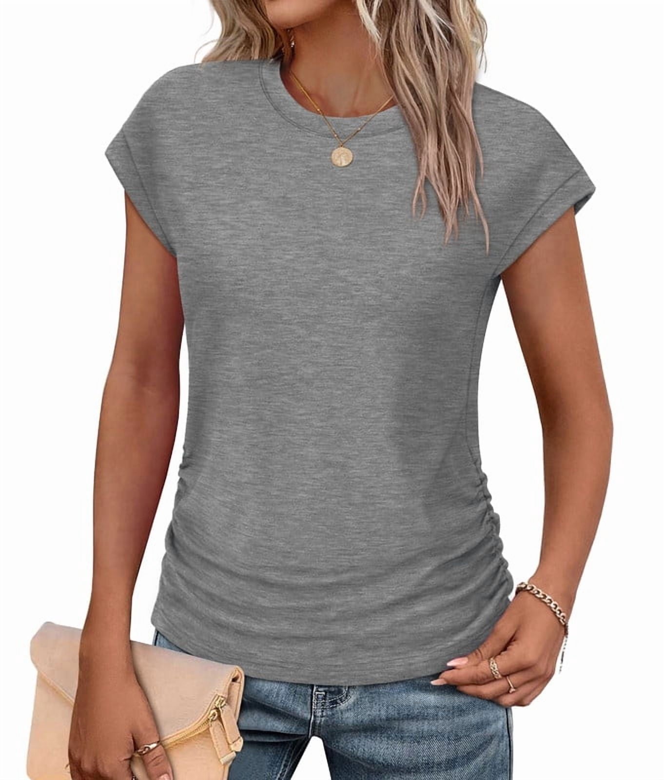 Ronuti Womens Short Sleeve Tshirts Crew Neck Womens T-shirts with Side Shirring Cruise Clothes for Women Summer T-shirts