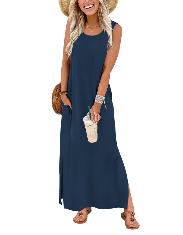 Wiholl Maxi Dress Summer Dresses 2026 Beach Vacation Clothes Sleeveless Sundresses with Pockets