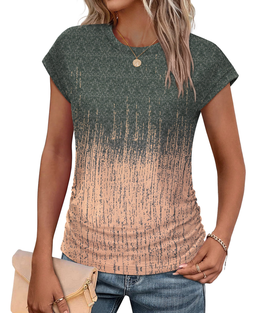 Ronuti Womens Short Sleeve Tshirts Crew Neck Womens T-shirts with Side Shirring Cruise Clothes for Women Summer T-shirts