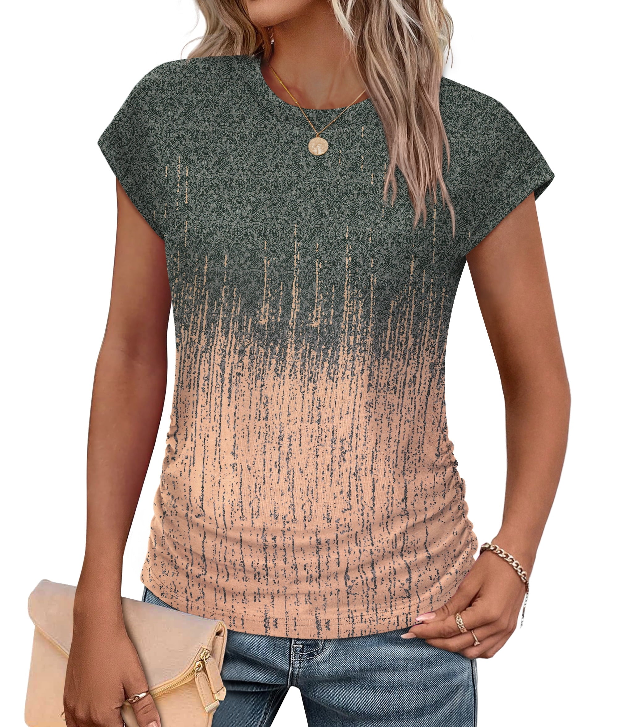 Ronuti Womens Short Sleeve Tshirts Crew Neck Womens T-shirts with Side Shirring Cruise Clothes for Women Summer T-shirts