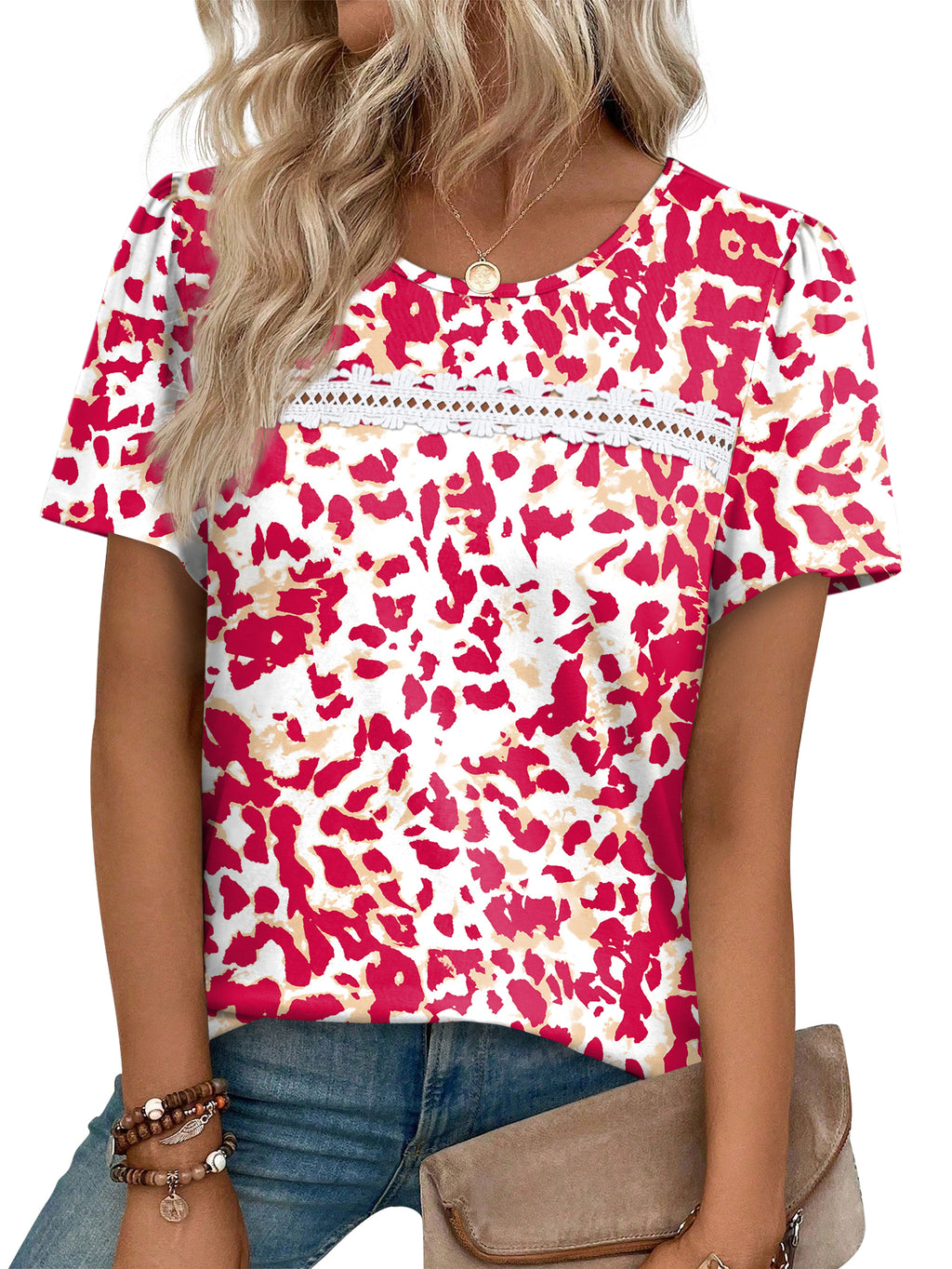 Ronuti Summer Tops for Women Lady Spring Outfits Lace Tunic Floral Casual Short Sleeves T Shirts Flowy Blouses