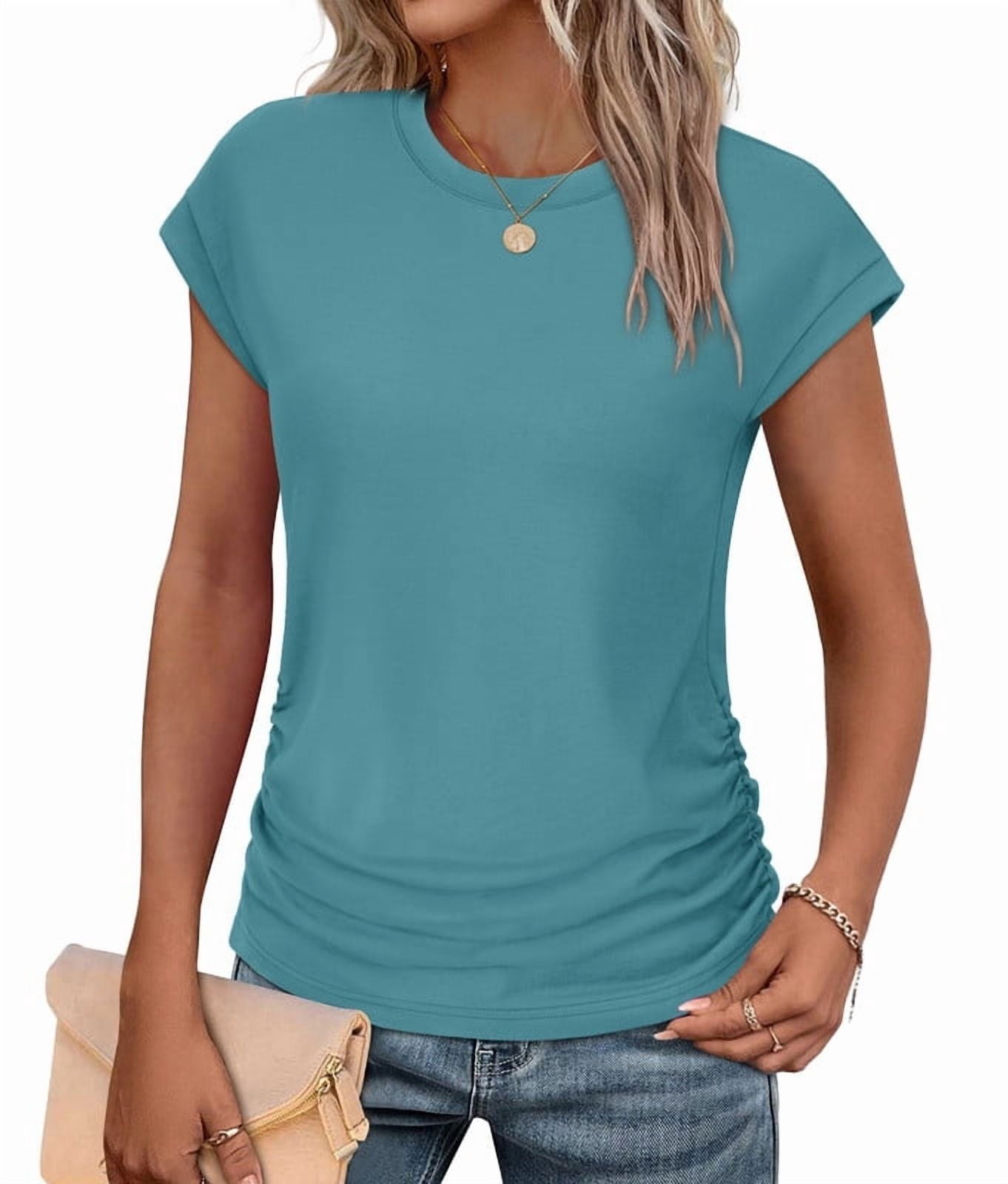 Ronuti Womens Short Sleeve Tshirts Crew Neck Womens T-shirts with Side Shirring Cruise Clothes for Women Summer T-shirts