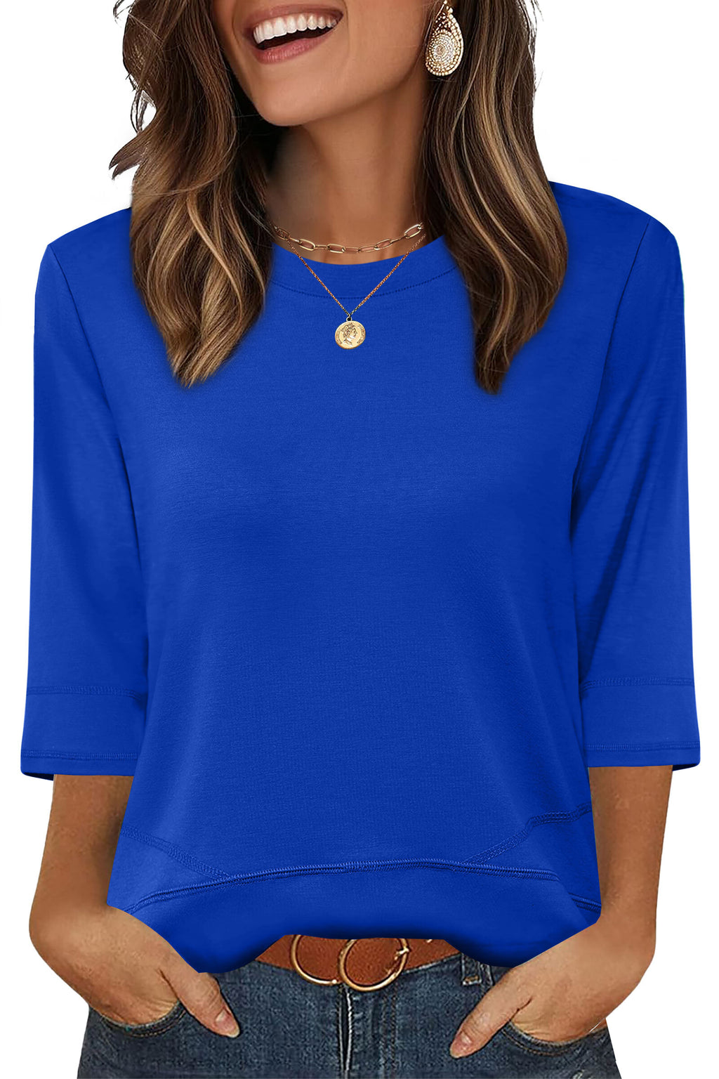 WIHOLL Womens Tunic Tops 3/4 Length Sleeve Blouses for Spring Summer Business Casual Side Slit Crewneck Outfits