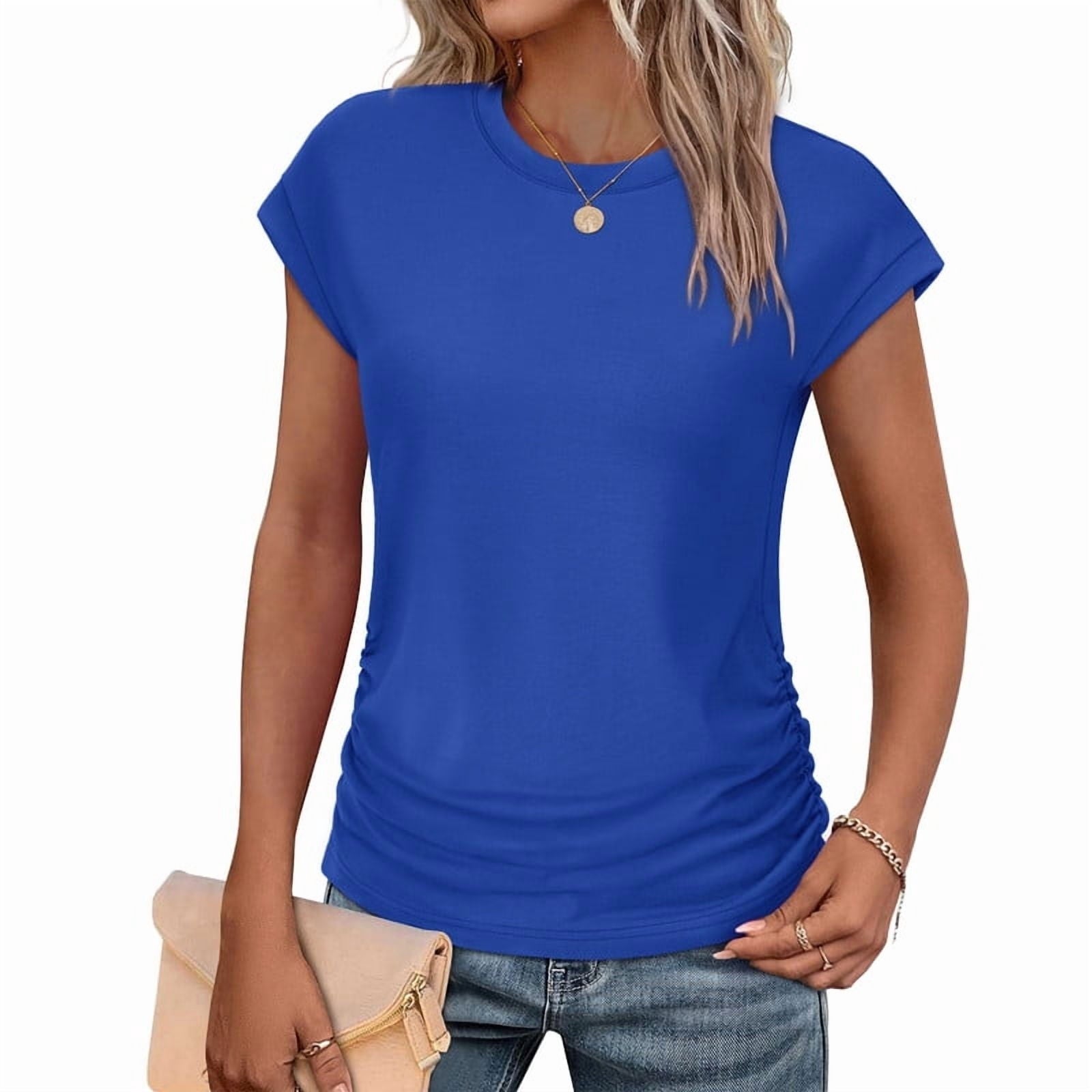 Ronuti Womens Short Sleeve Tshirts Crew Neck Womens T-shirts with Side Shirring Cruise Clothes for Women Summer T-shirts