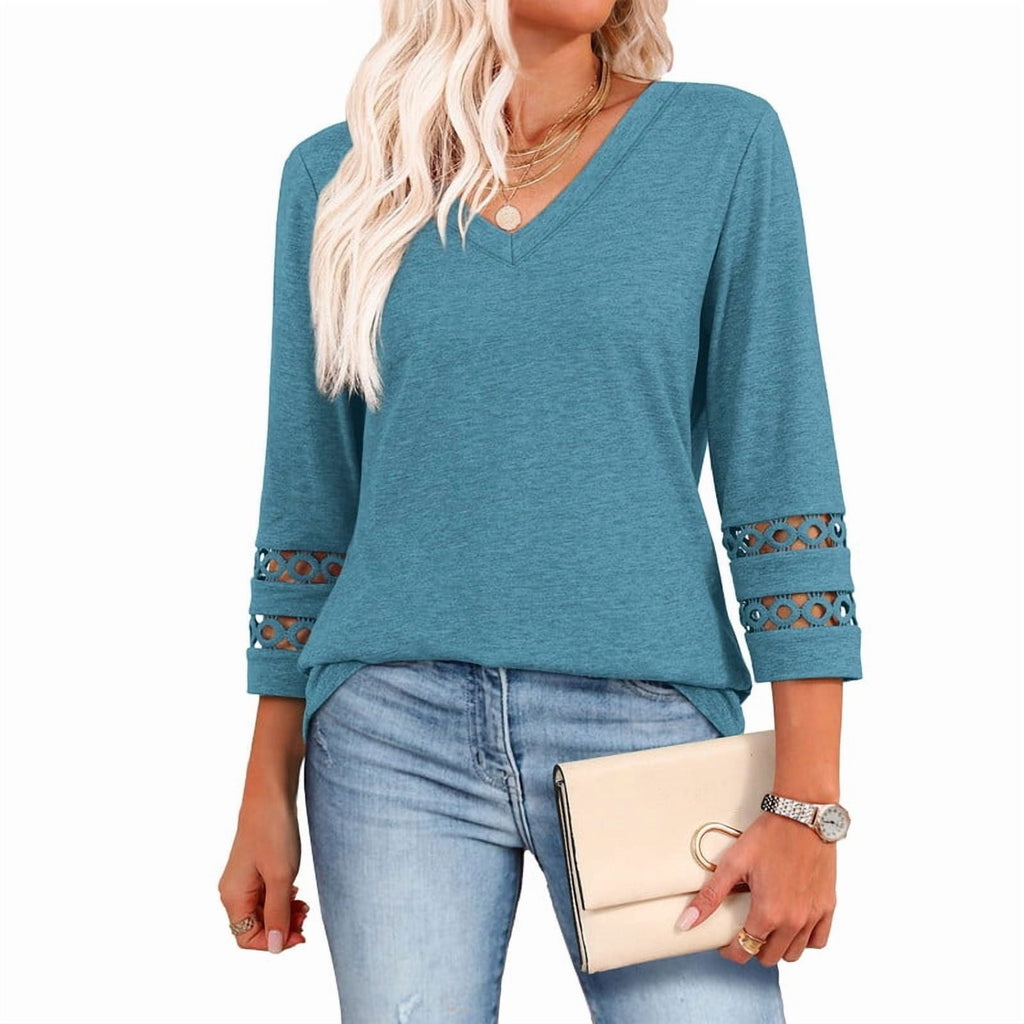 Ronuti 3/4 Length Sleeve Womens Tops Dressy Casual Blouses for Women 2025 Trendy V Neck T Shirts Fall Clothes