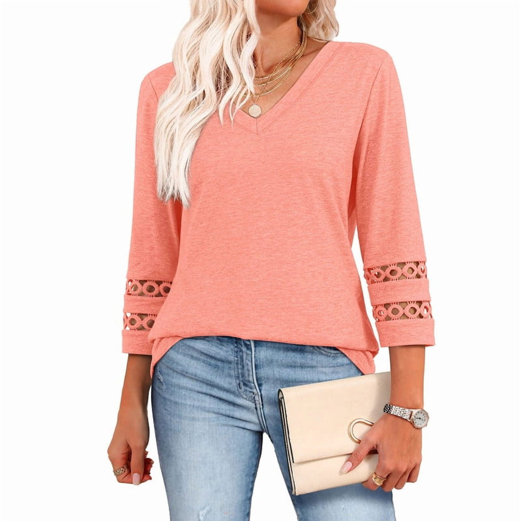 Ronuti 3/4 Length Sleeve Womens Tops Dressy Casual Blouses for Women 2025 Trendy V Neck T Shirts Fall Clothes