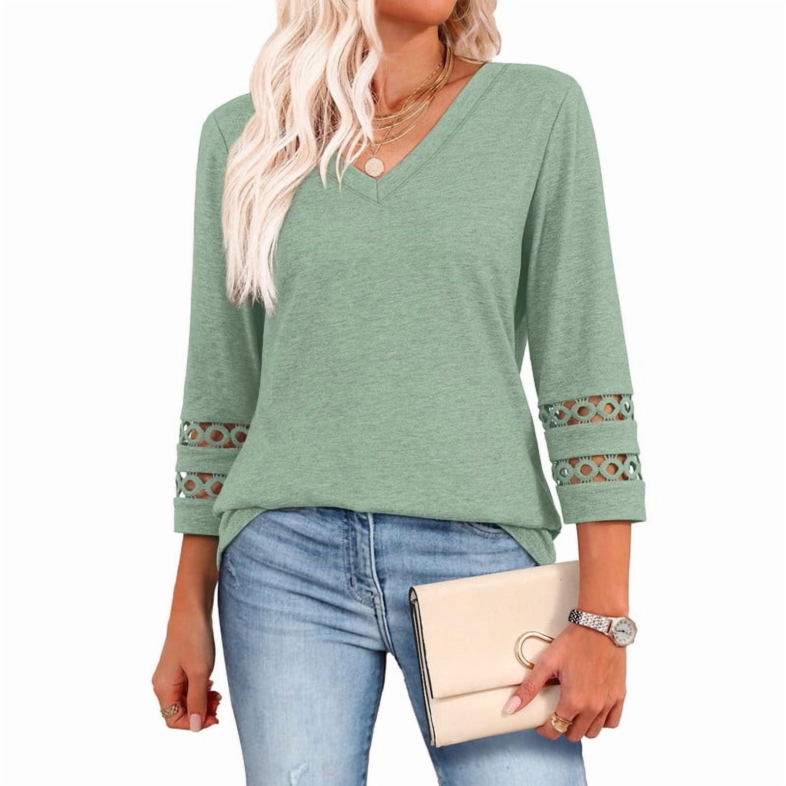 Ronuti 3/4 Length Sleeve Womens Tops Dressy Casual Blouses for Women 2025 Trendy V Neck T Shirts Fall Clothes