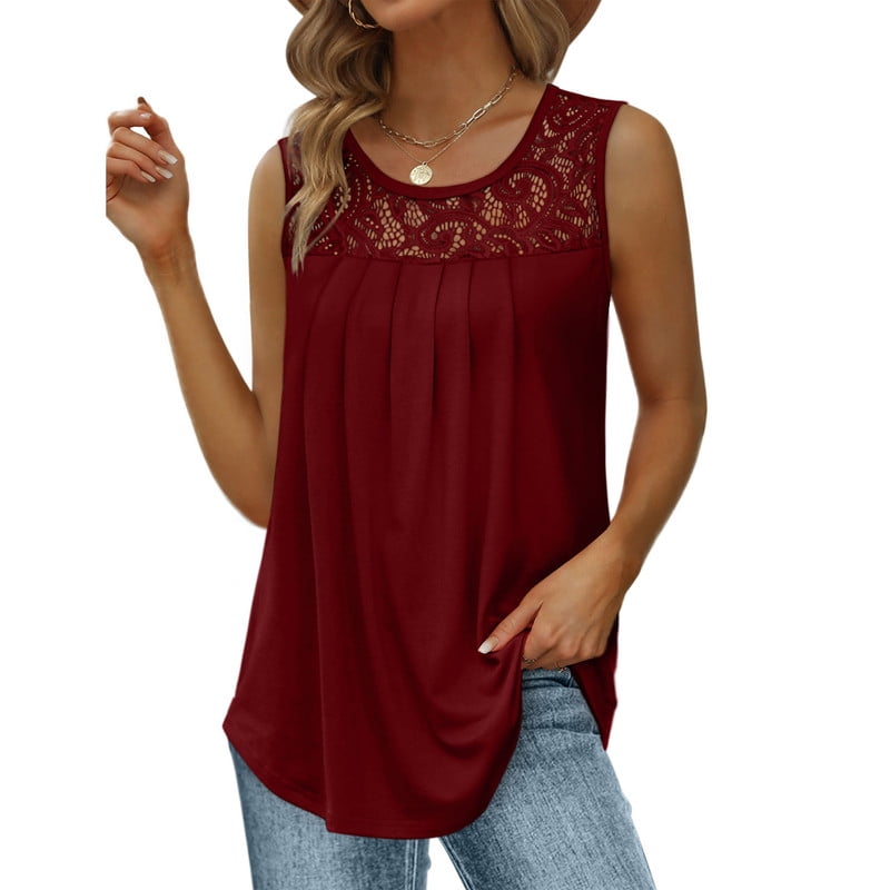 Ronuti Summer Tank Tops for Women Loose Fit Pleated Tunics Scoop Neck Sleeveless Curved Hem Flowy Lace Tops