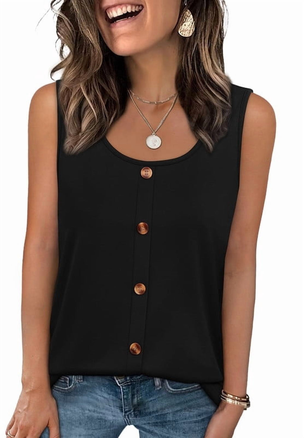 Ronuti Tank Tops for Women Summer Tops Trendy Dressy Casual Spring Vacation Outfits Crewneck Button Down Sleeveless Shirts