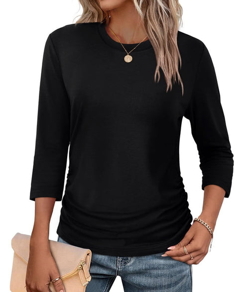 Ronuti Womens 3/4 Length Sleeve Tops Crewneck Ruched Summer Shirts 2026 Business Casual Outfits Blouses Spring Clothes