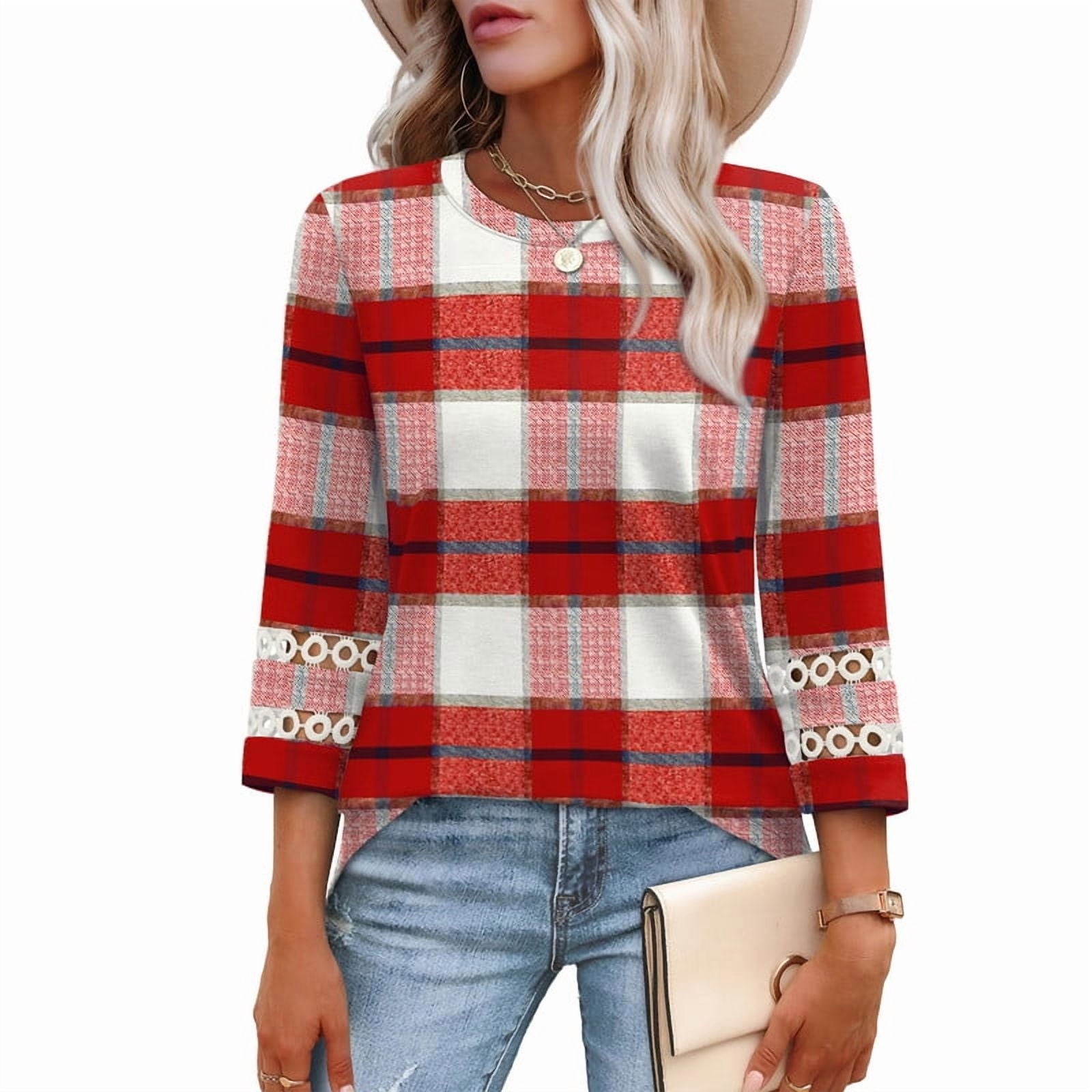 Ronuti Womens 3/4 Sleeve Tops Ladies Blouses Crew Neck T Shirts for Women Loose Fit Tunic Tops