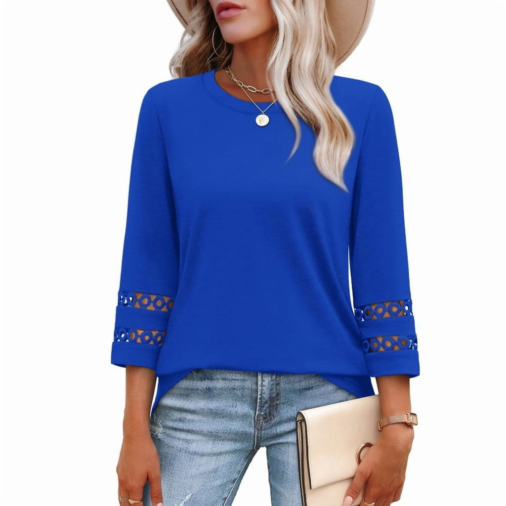 Ronuti Womens 3/4 Sleeve Tops Ladies Blouses Crew Neck T Shirts for Women Loose Fit Tunic Tops