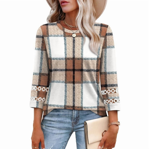 Ronuti Womens 3/4 Sleeve Tops Ladies Blouses Crew Neck T Shirts for Women Loose Fit Tunic Tops