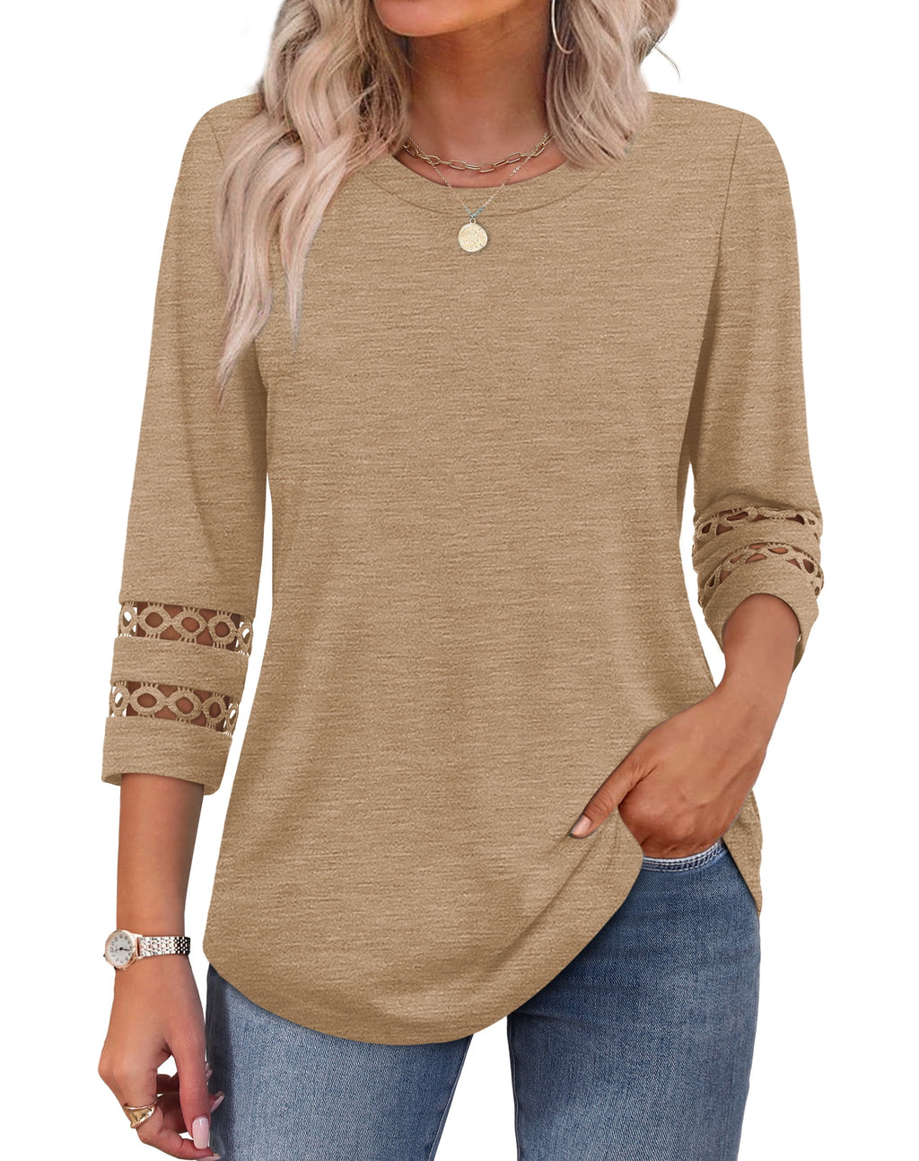 Ronuti Womens 3/4 Sleeve Tops Ladies Blouses Crew Neck T Shirts for Women Loose Fit Tunic Tops