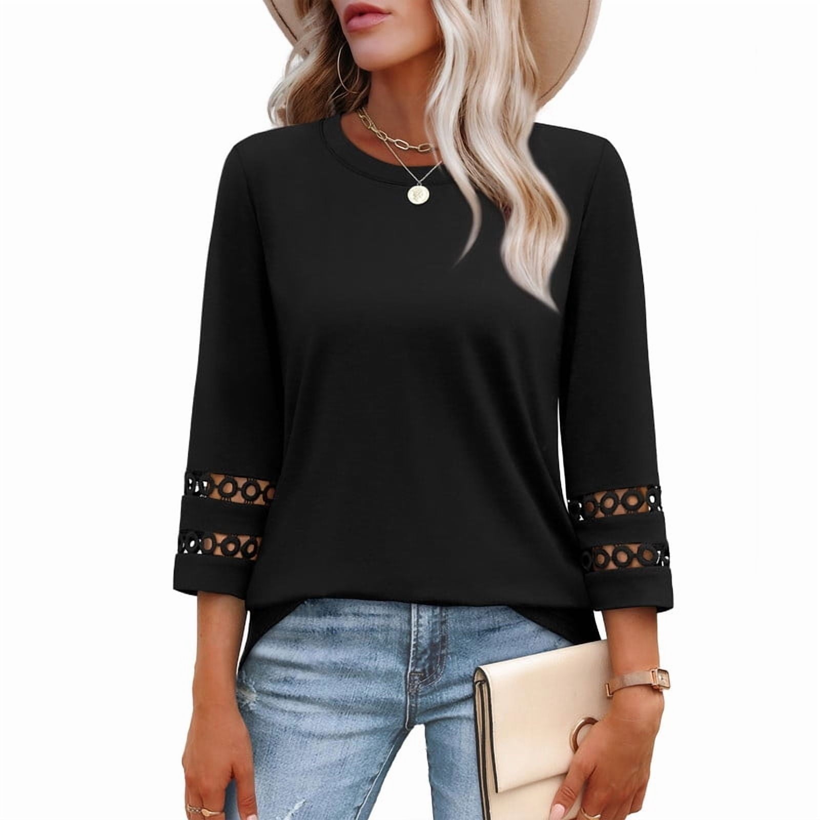 Ronuti Womens 3/4 Sleeve Tops Ladies Blouses Crew Neck T Shirts for Women Loose Fit Tunic Tops