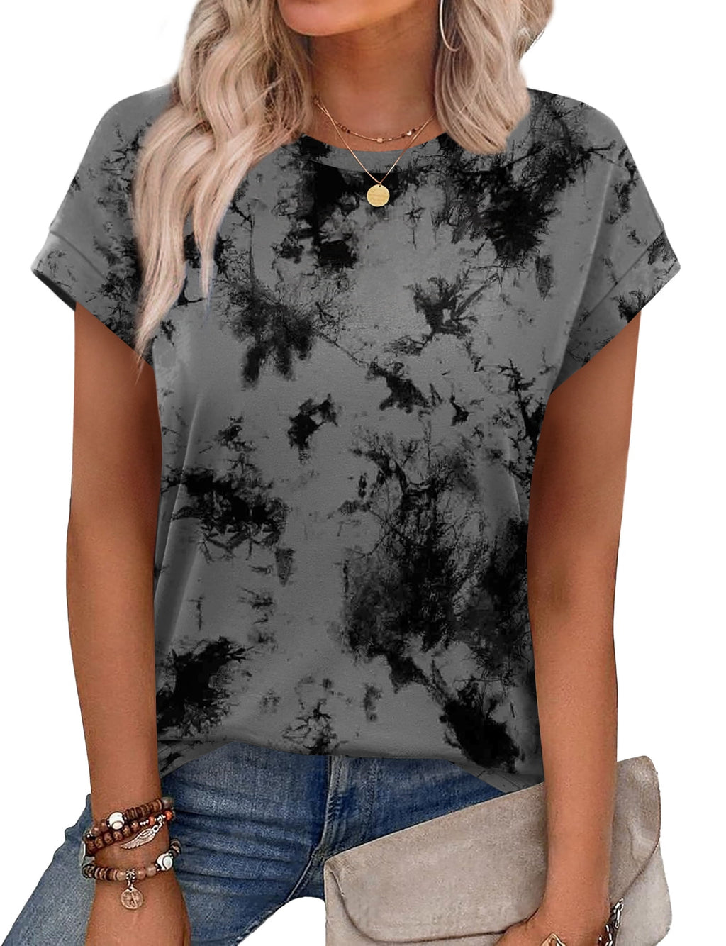 Ronuti Womens Summer Tops Short Sleeve T-Shirts Crew Neck Cute Trendy T-shirts Printed Style Tops