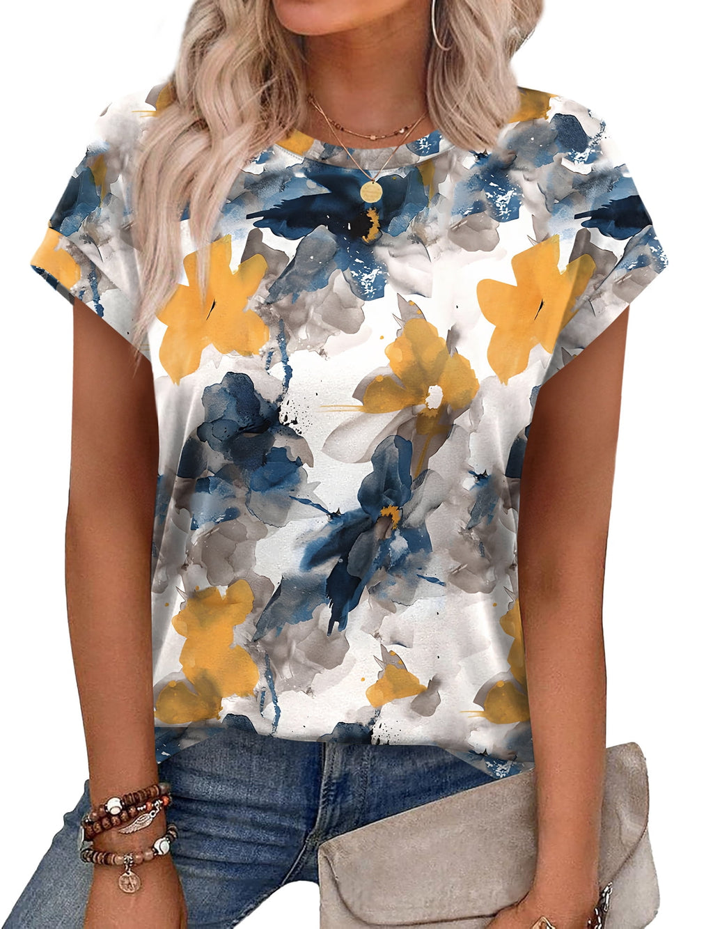 Ronuti Womens Summer Tops Short Sleeve T-Shirts Crew Neck Cute Trendy T-shirts Printed Style Tops
