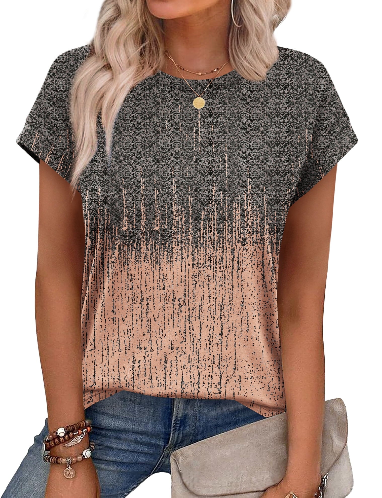 Ronuti Womens Summer Tops Short Sleeve T-Shirts Crew Neck Cute Trendy T-shirts Printed Style Tops