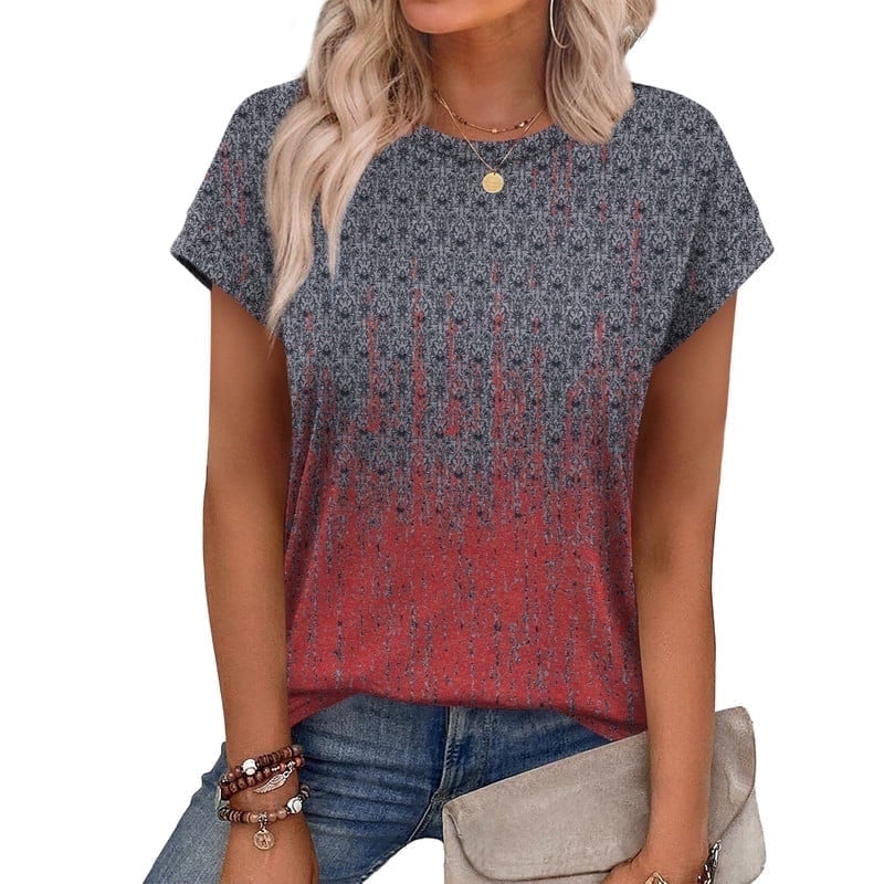 Ronuti Womens Summer Tops Short Sleeve T-Shirts Crew Neck Cute Trendy T-shirts Printed Style Tops