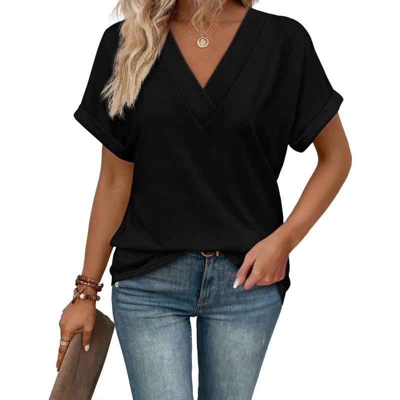 Ronuti Womens Summer Tops Short Rolled Sleeve Shirts 2026 Fashion V Neck Clothes
