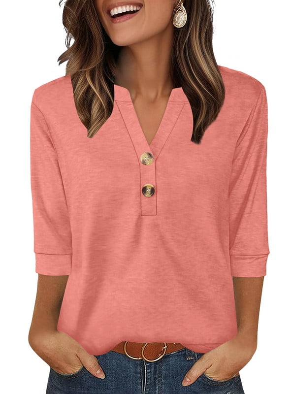 Ronuti Womens T-shirts 3/4 Sleeve Henley Tops for Women Ladies Premium Printed T-shirt Solid color Tops