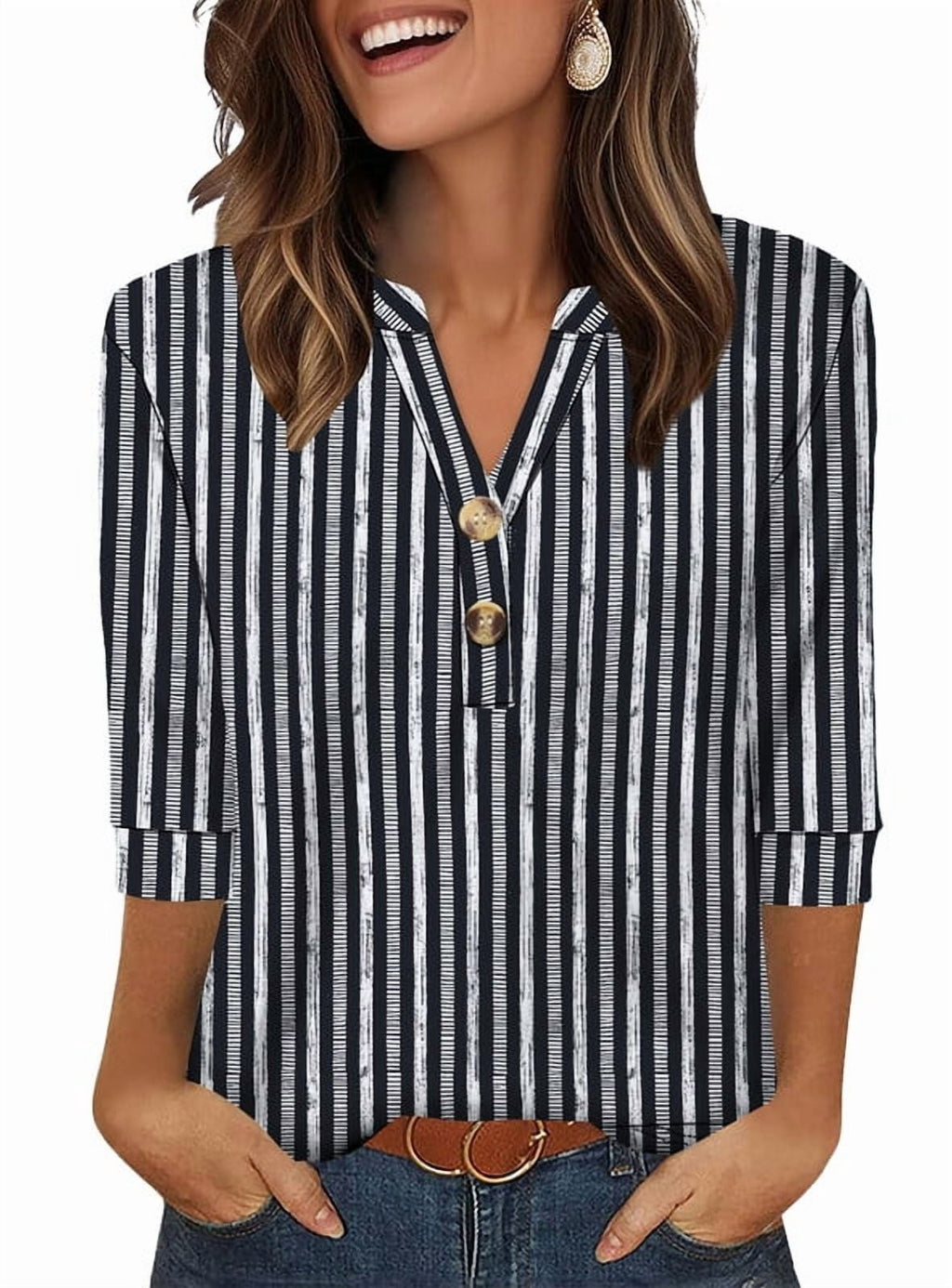 Ronuti Womens T-shirts 3/4 Sleeve Henley Tops for Women Ladies Premium Printed T-shirt Solid color Tops