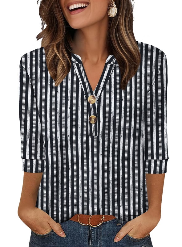 Ronuti Womens T-shirts 3/4 Sleeve Henley Tops for Women Ladies Premium Printed T-shirt Solid color Tops