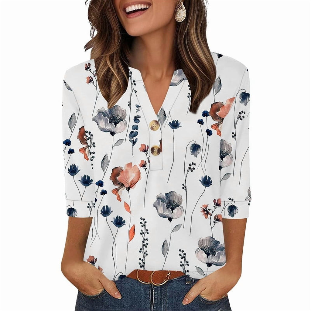 Ronuti Womens T-shirts 3/4 Sleeve Henley Tops for Women Ladies Premium Printed T-shirt Solid color Tops