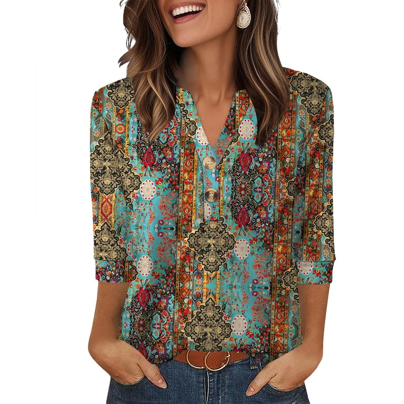 Ronuti Womens T-shirts 3/4 Sleeve Henley Tops for Women Ladies Premium Printed T-shirt Solid color Tops