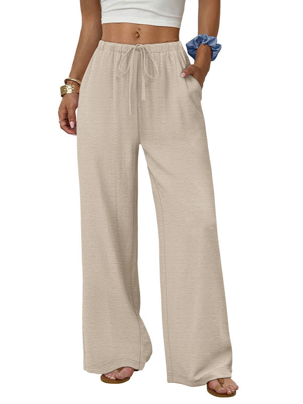 Wiholl Wide Leg Pants for Women Flowy Palazzo Drawstring Elastic Waist Trousers with Pockets Summer Beach Vacation Clothes