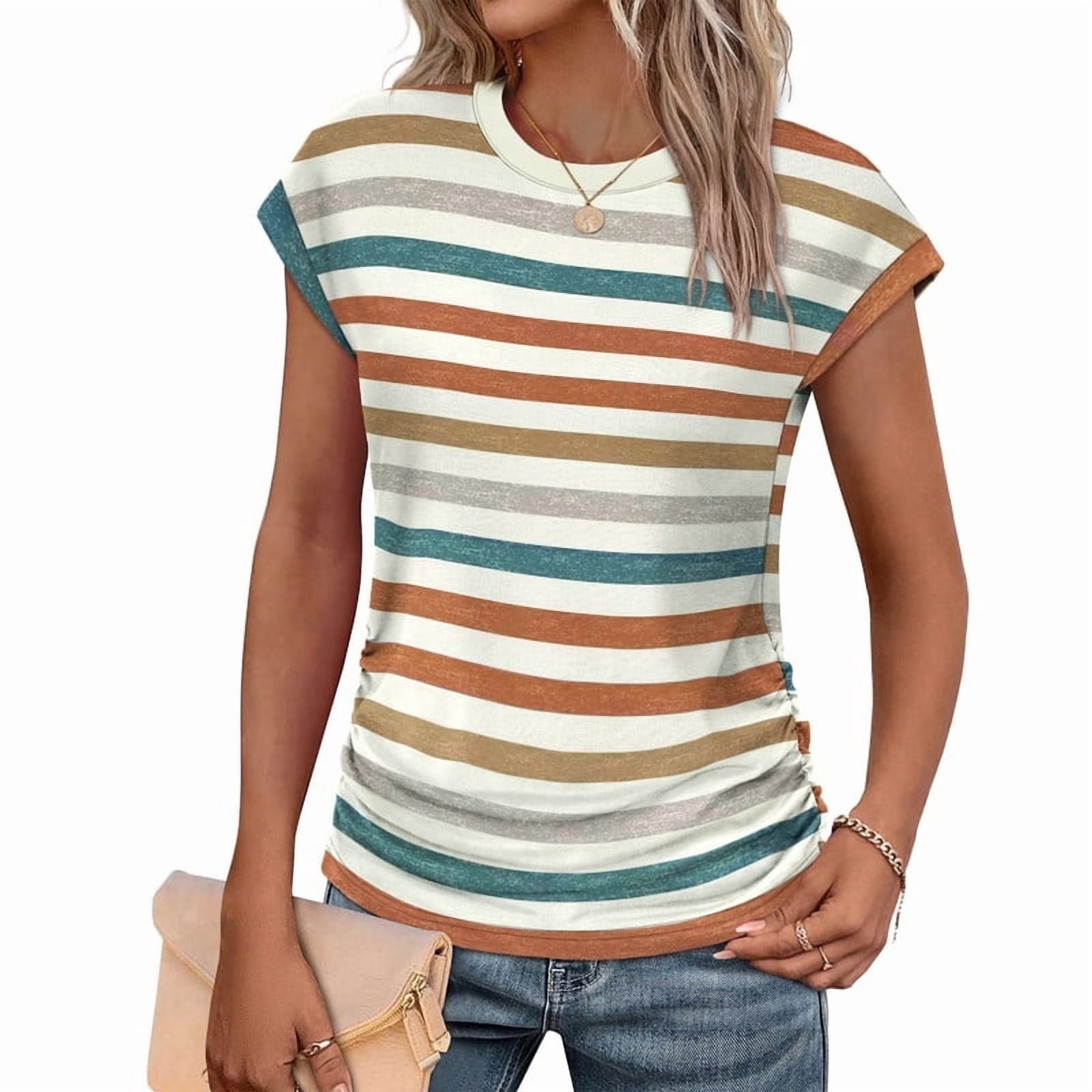 Ronuti Womens Short Sleeve Tshirts Crew Neck Womens T-shirts with Side Shirring Cruise Clothes for Women Summer T-shirts