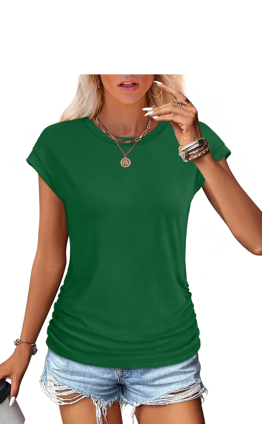 Ronuti Womens Short Sleeve Tshirts Crew Neck Womens T-shirts with Side Shirring Cruise Clothes for Women Summer T-shirts