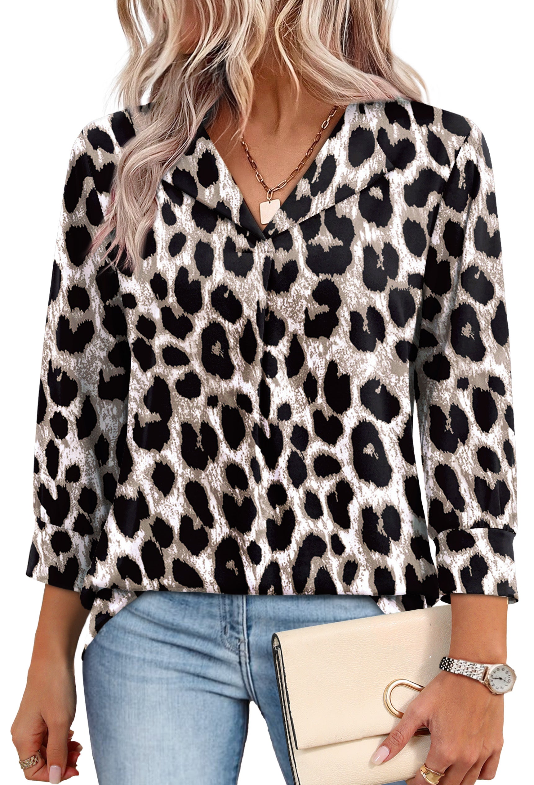 WIHOLL Tops for Women 3/4 Length Sleeve V Neck Lightweight Business Casual Blouses Spring Summer Work Outfits