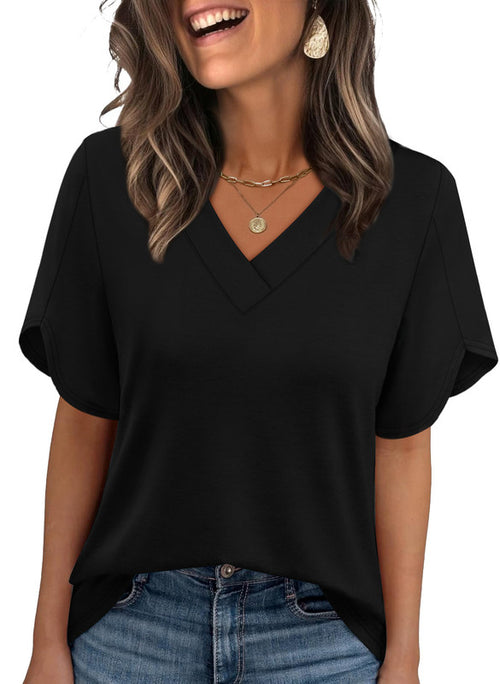 Ronuti Womens Summer Tops Short Petal Sleeve Shirts Fashion V Neck Womens Clothing
