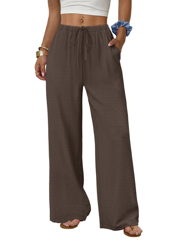 Wiholl Wide Leg Pants for Women Flowy Palazzo Drawstring Elastic Waist Trousers with Pockets Summer Beach Vacation Clothes
