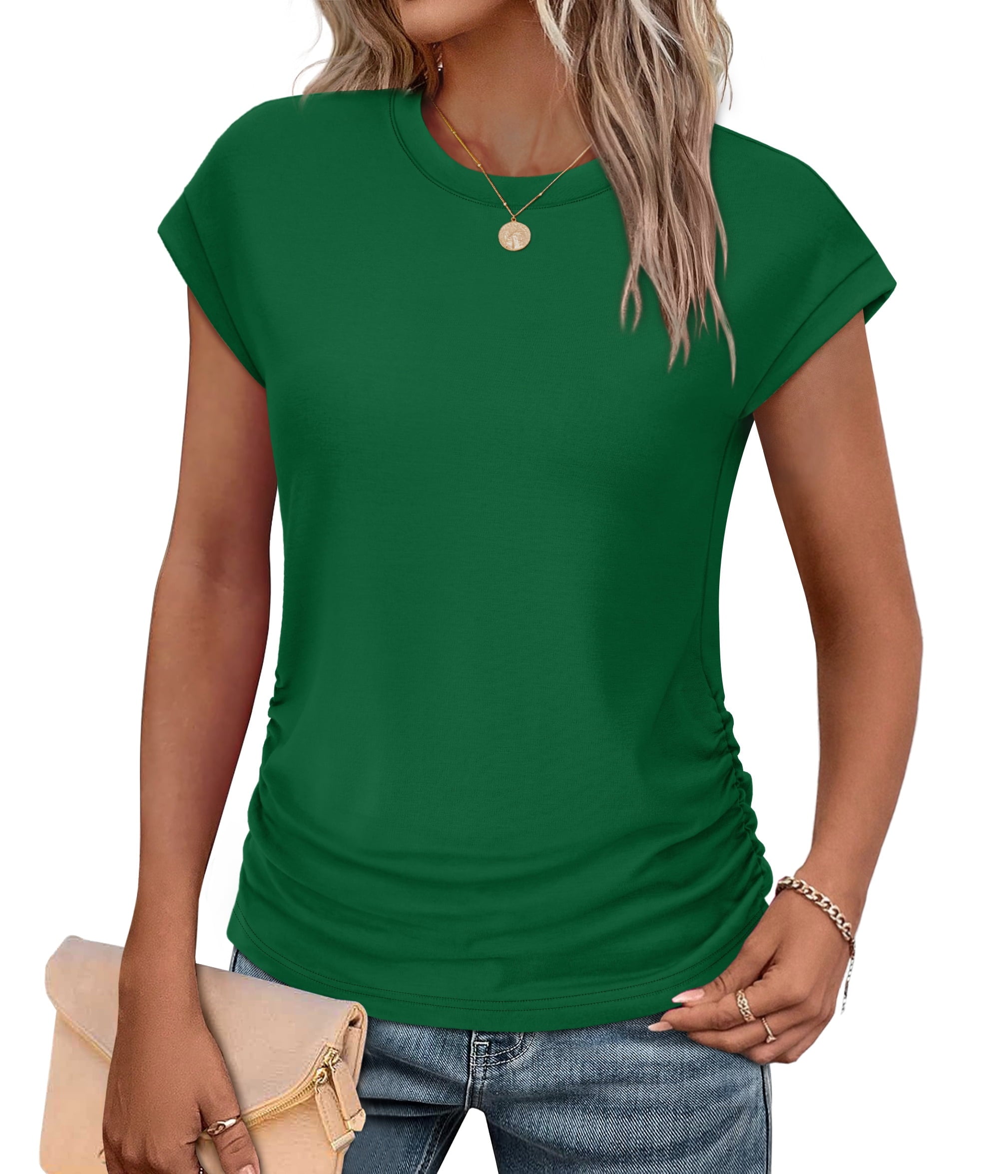 Ronuti Womens Short Sleeve Tshirts Crew Neck Womens T-shirts with Side Shirring Cruise Clothes for Women Summer T-shirts