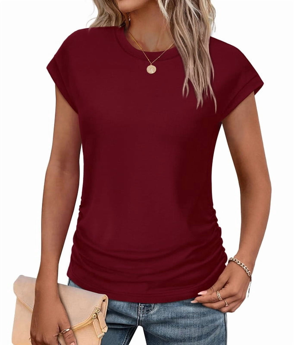 Ronuti Womens Short Sleeve Tshirts Crew Neck Womens T-shirts with Side Shirring Cruise Clothes for Women Summer T-shirts