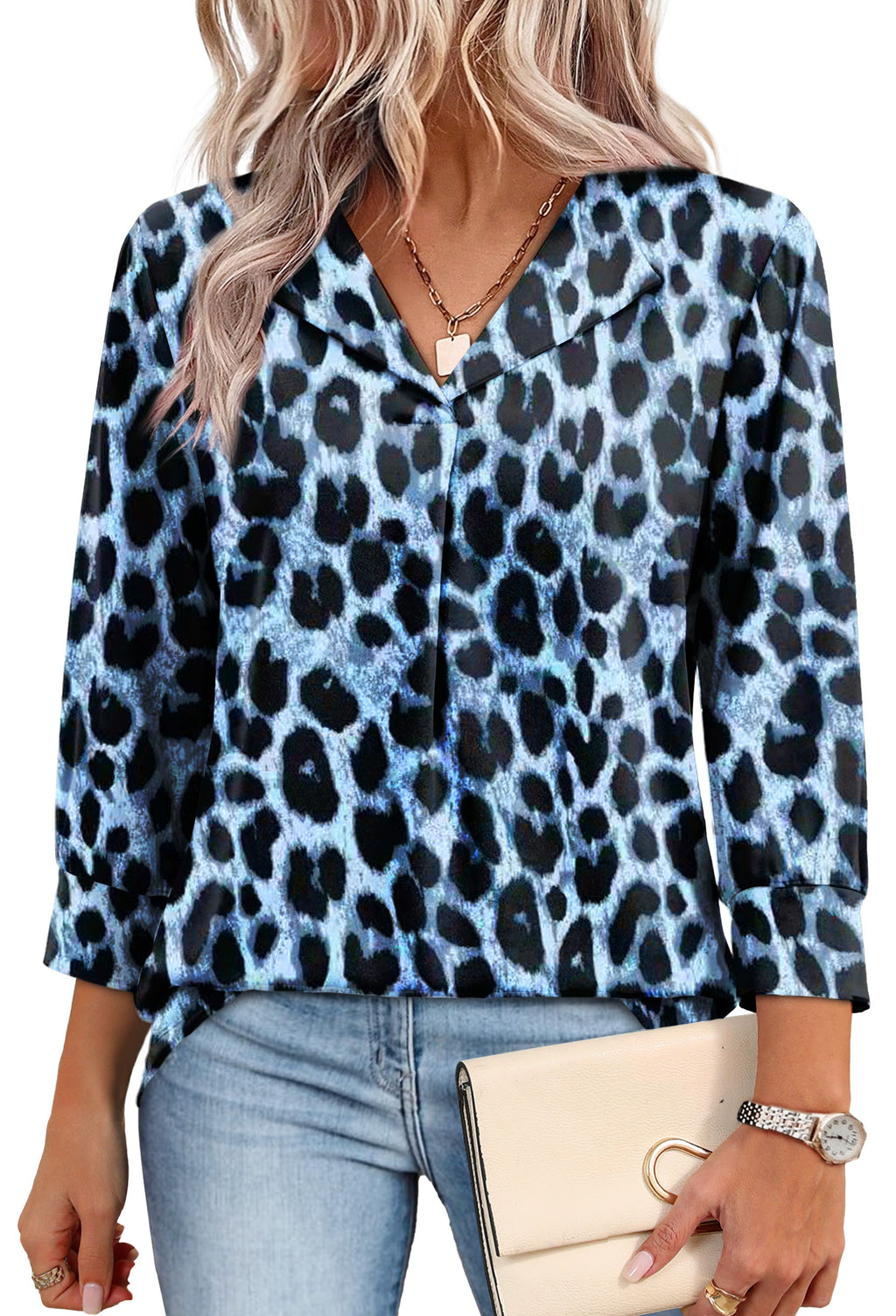 WIHOLL Tops for Women 3/4 Length Sleeve V Neck Lightweight Business Casual Blouses Spring Summer Work Outfits