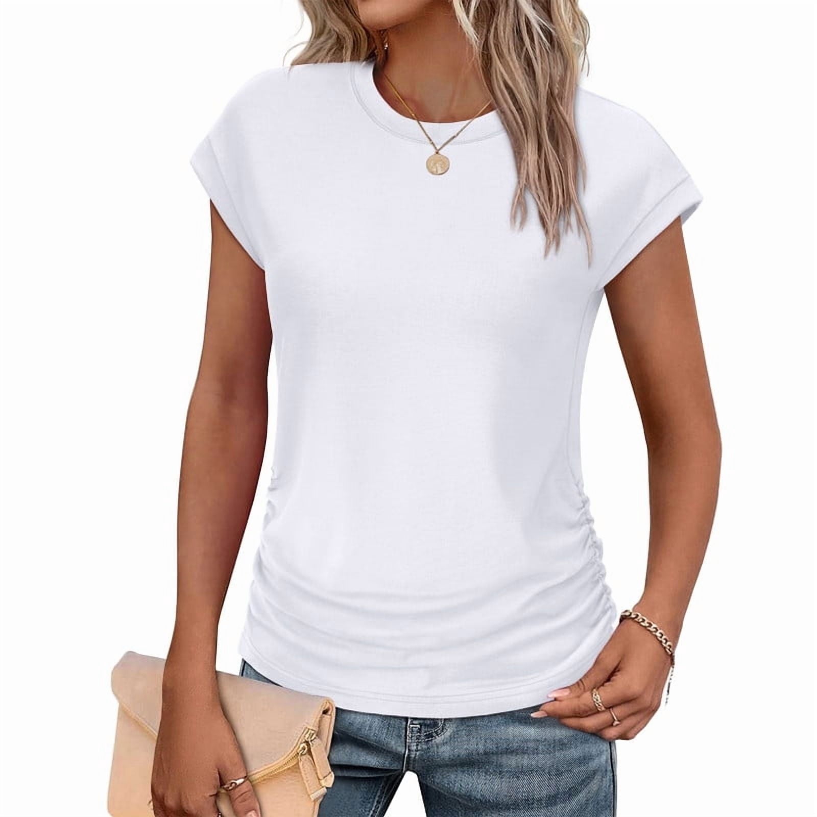 Ronuti Womens Short Sleeve Tshirts Crew Neck Womens T-shirts with Side Shirring Cruise Clothes for Women Summer T-shirts