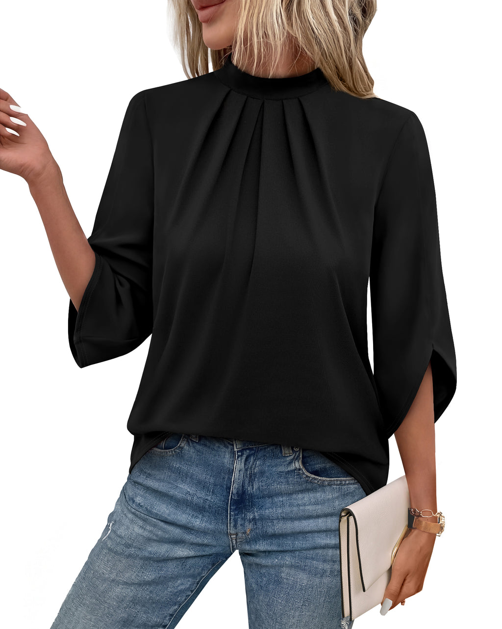 WIHOLL 3/4 Length Sleeve Womens Tops Pleated Front Blouses for Women Trendy Business Casual Outfits Spring Summer Clothes