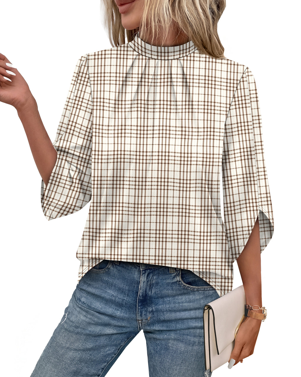 WIHOLL 3/4 Length Sleeve Womens Tops Pleated Front Blouses for Women Trendy Business Casual Outfits Spring Summer Clothes