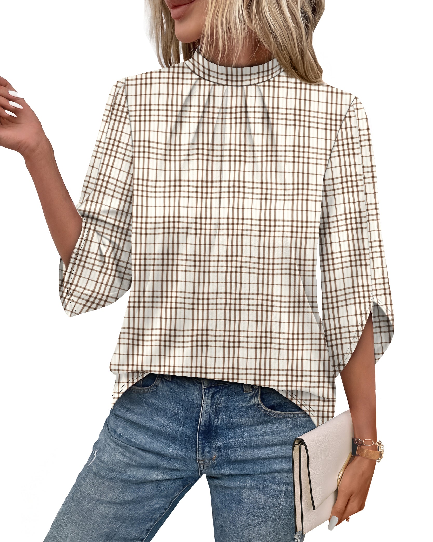 WIHOLL 3/4 Length Sleeve Womens Tops Pleated Front Blouses for Women Trendy Business Casual Outfits Spring Summer Clothes