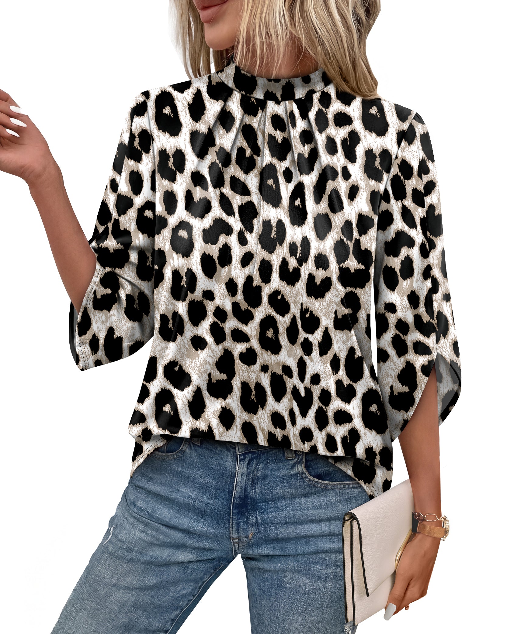 WIHOLL 3/4 Length Sleeve Womens Tops Pleated Front Blouses for Women Trendy Business Casual Outfits Spring Summer Clothes