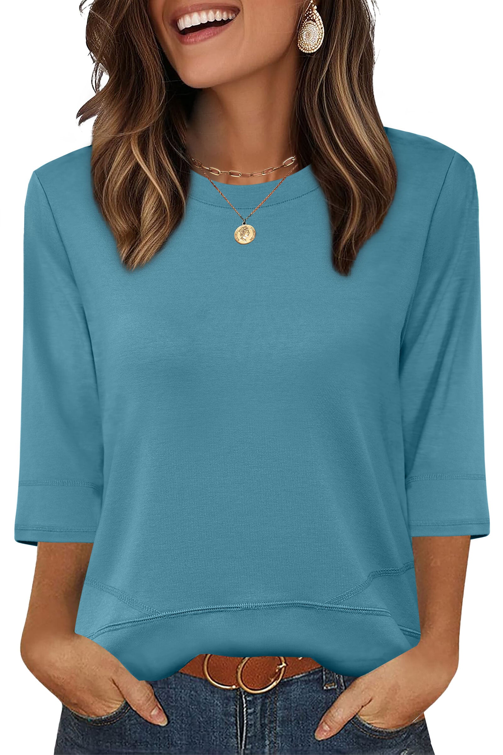 WIHOLL Womens Tunic Tops 3/4 Length Sleeve Blouses for Spring Summer Business Casual Side Slit Crewneck Outfits