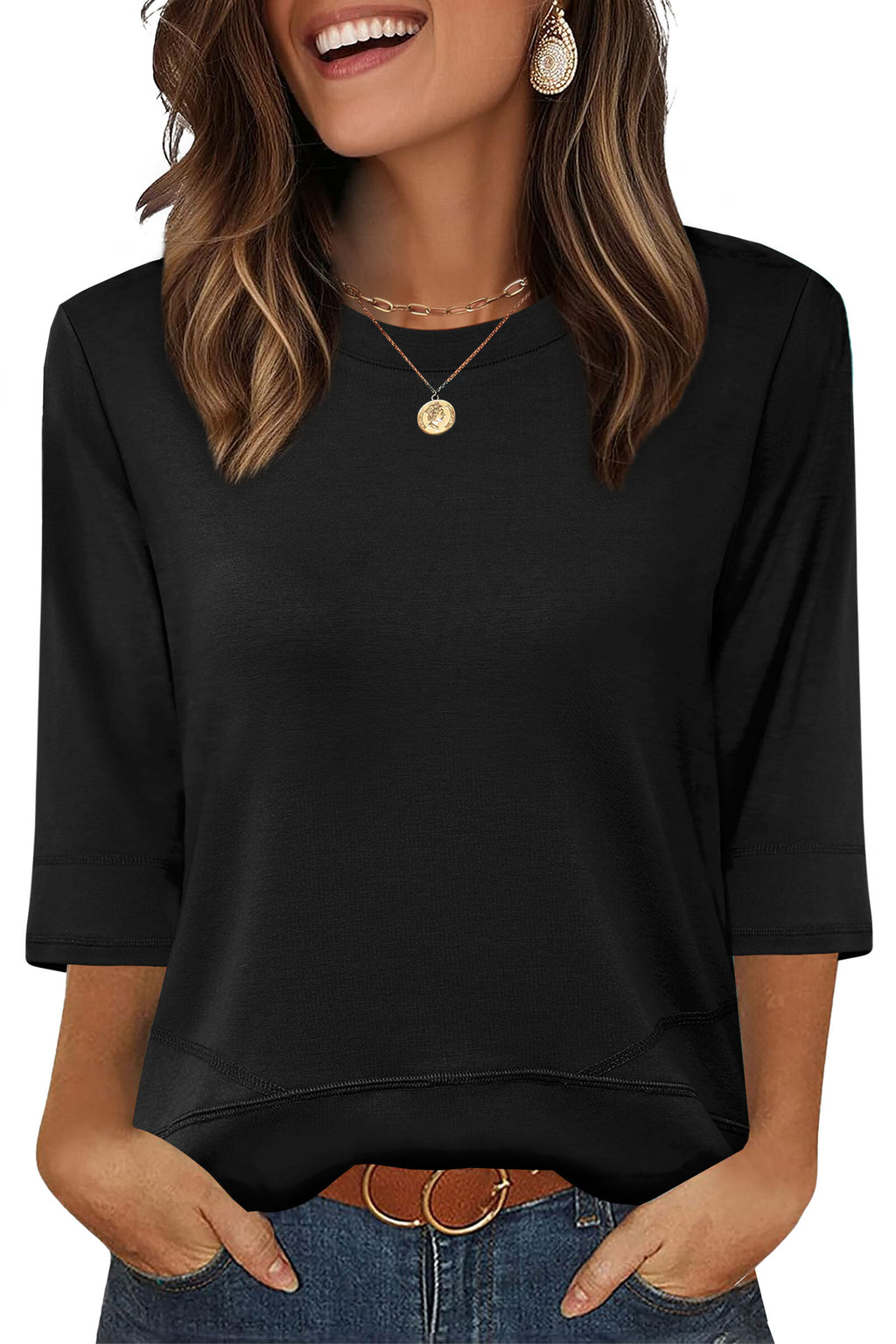 WIHOLL Womens Tunic Tops 3/4 Length Sleeve Blouses for Spring Summer Business Casual Side Slit Crewneck Outfits